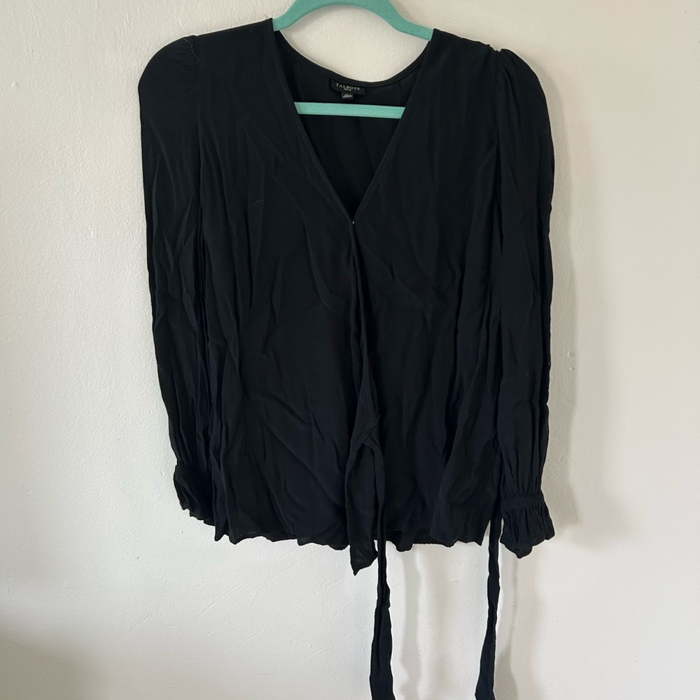 Talbots Black Ruched Tie Front Blouse